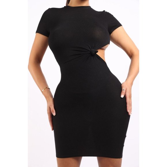 Women's Sexy Draped Front Cutout Mini T-shirt Dress Round Neck Short Sleeve - Picture 11 of 12